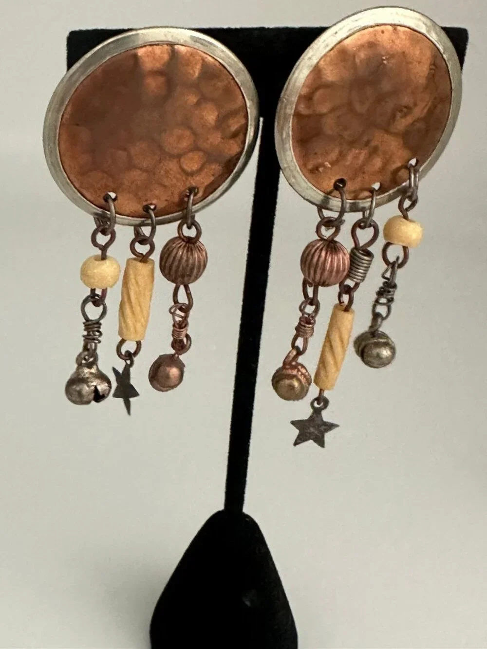 Vintage Artisan Copper Mixed Metal Asymmetrical Clip On Earrings 2.5